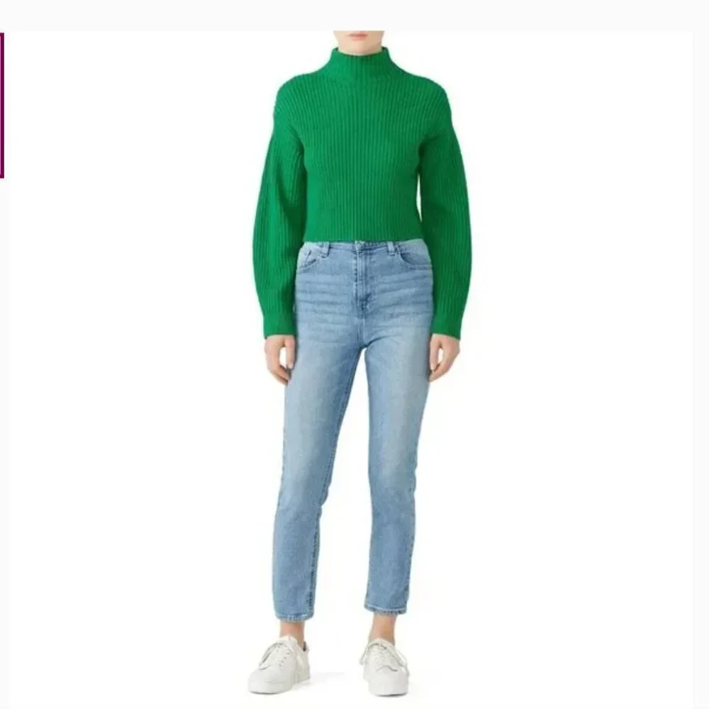 TIBI Sweater Green Wool Rib Cropped Pullover Mock Turtleneck XS